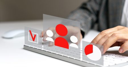 Infographic of employee assessment, HRM manager working on computer with virtual screen.